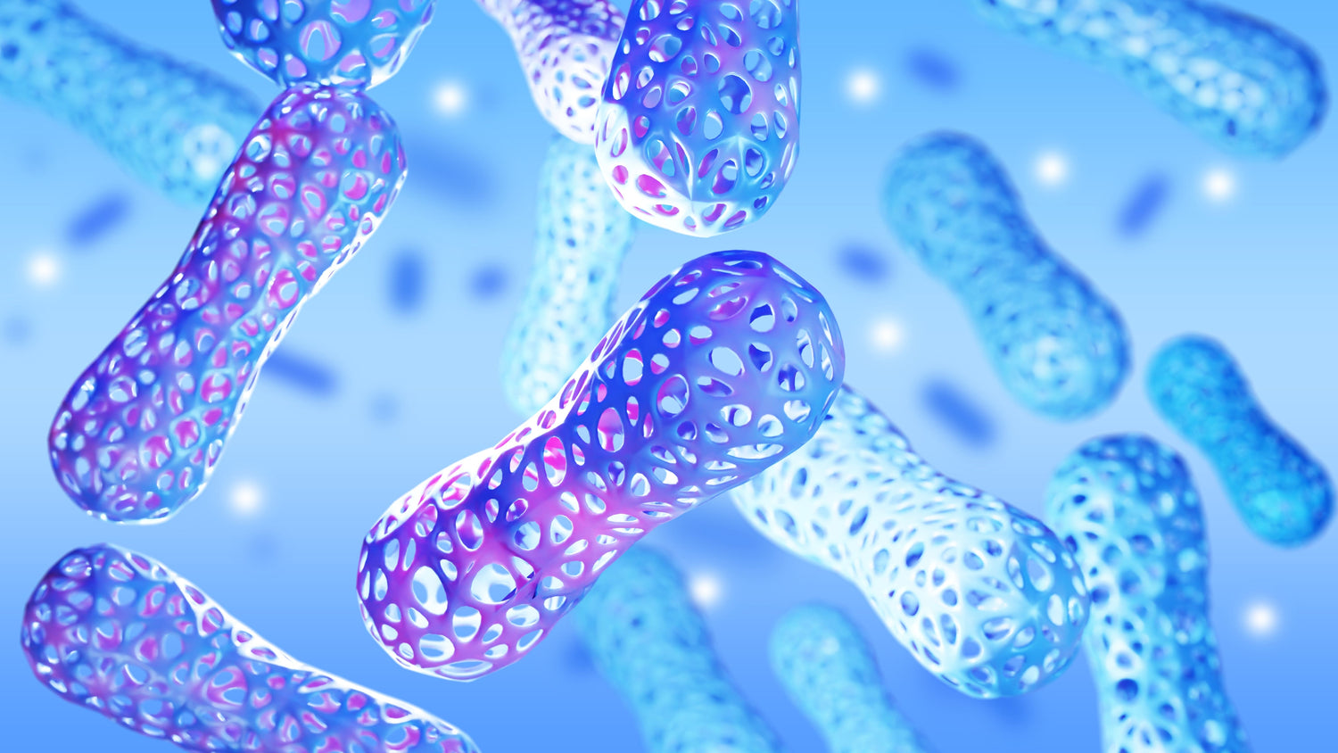 close up of purple and blue molecules floating in space