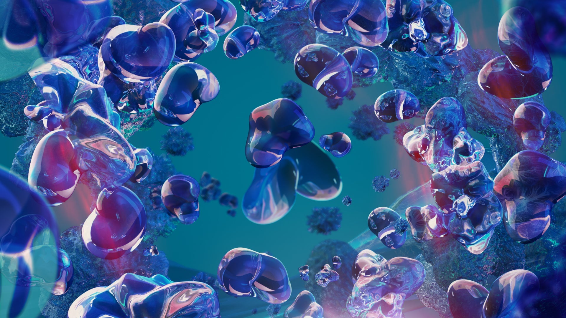 close up of blue molecules floating in space with a teal background