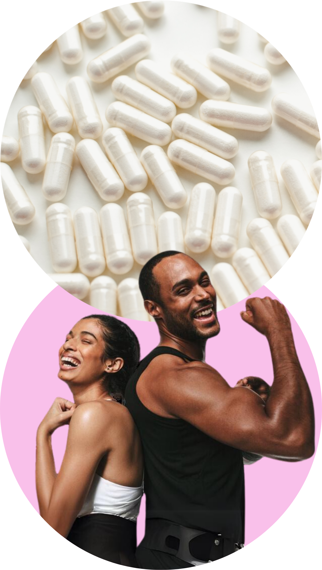 a picture of capsules overlapped by a woman and man back to back flexing their biceps